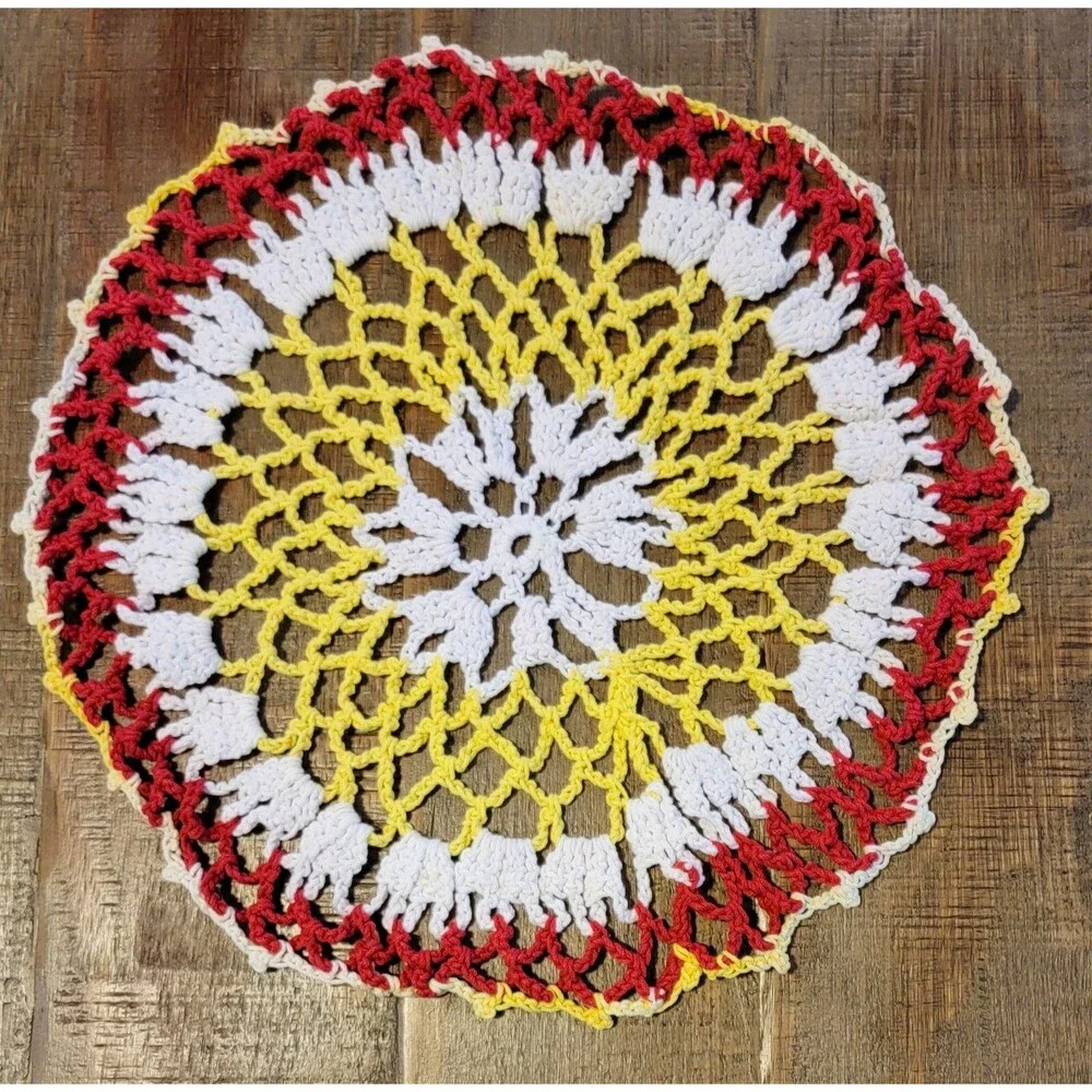 VTG Retro Crochet Red White Yellow Cotton Doily Round Granny Cottage Core 13